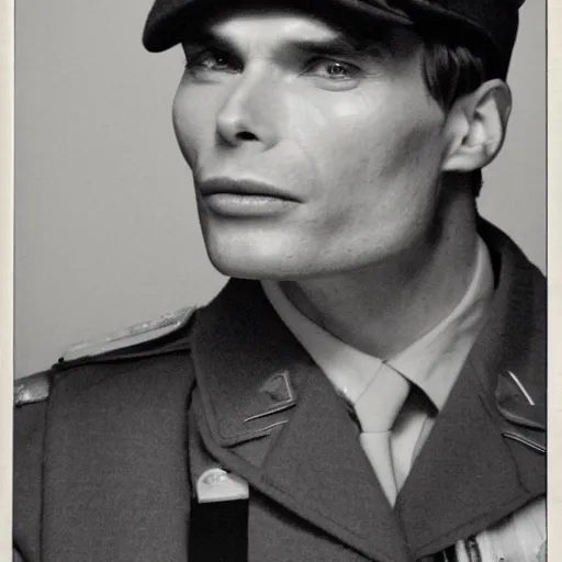 Image similar to cillian murphy in a world war ii uniform, black and white film photography, realistic face, cabinet card, 2 5 mm lens, cinematography by chris nolan