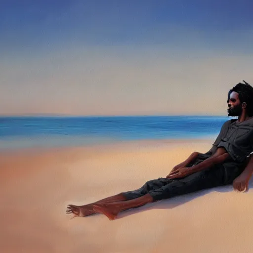 Prompt: beautiful portrait of a somali man, with long curly black hair, relaxing on the beach, by wang ling wlop