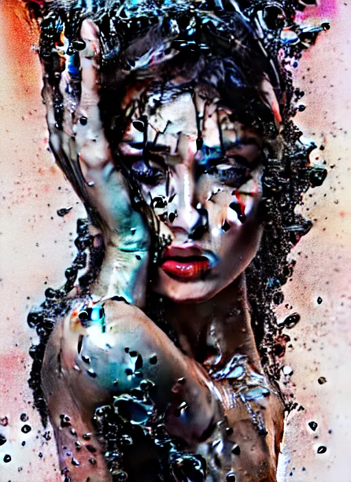 Prompt: fierce wet fashion model, splash, sweat skin, liquid metal, effervescent, black roses, poster art, high detail, intricate oil painting and splashed watercolor, deep mood, hyperrealism, 3 d, in the style of irakli nadar,