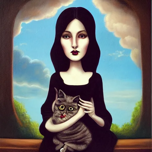 Image similar to a painting of a woman holding a cat, a character portrait by mark ryden, featured on deviantart, gothic art, tarot card, deviantart, gothic