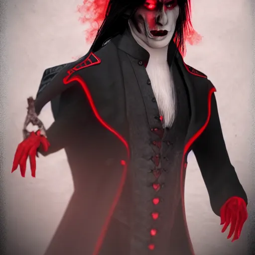 Image similar to a vampire, male, mid - 4 0 s aged, long, slicked black hair, clean shaven, in red and black, regal, high fantasy, realistic, highly detailed, full body shot, concept art, 8 k.