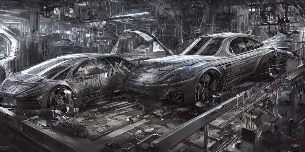 Image similar to 3 d concept art, carbon fiber automobile production line of hydrogen power energy, science fiction, beautiful, cinematic lighting, intricate details, octane rendering, trending on artstation, featured on behance.