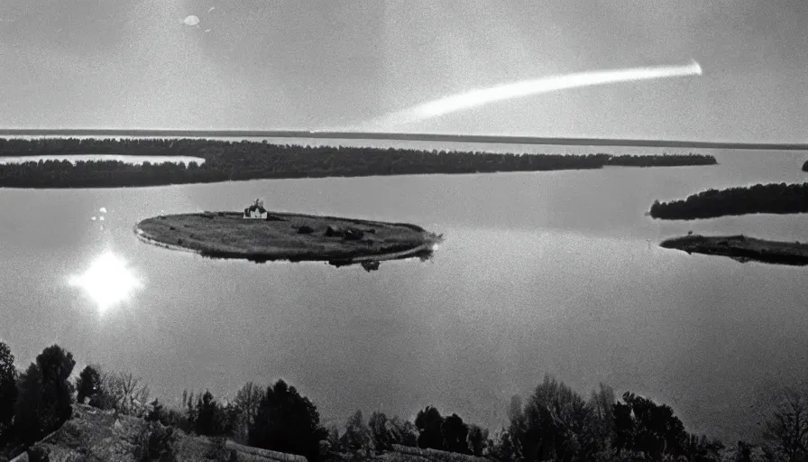 Image similar to 1 9 7 0 s movie still by andrei tarkovsky of a noneuclidian building with a lake in the middle, by piranesi, panoramic, ultra wide lens, cinematic light, flare, anamorphic