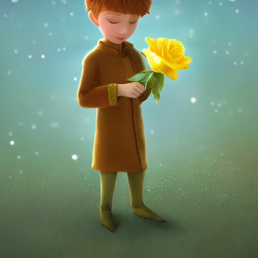 Image similar to the little prince holding a rose illustration, bokeh, octane render, award winning, trending on art station