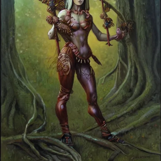 Image similar to portrait of a female mushroom warrior, by Gerald Brom