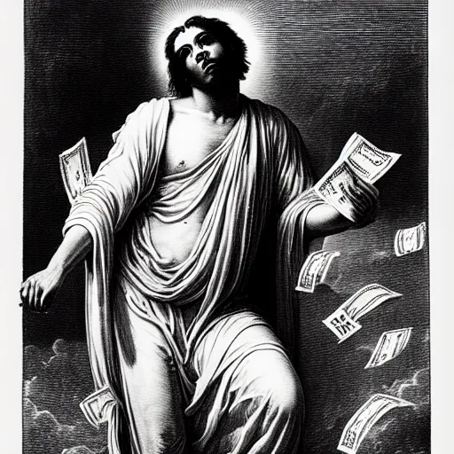 Prompt: lucki rapper ascending into heaven holding stacks of cash, biblical image, style of gustave dore, highly detailed, beautiful, high contrast, black and white