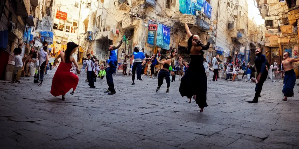 Image similar to dancing in the streets of futuristic jerusalem on shabbat. cinematic. beautiful. colorful. epic framing