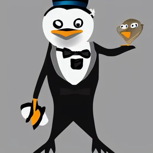 Image similar to a photo of a penguin in a tuxedo and top hat, highly detailed, photorealistic