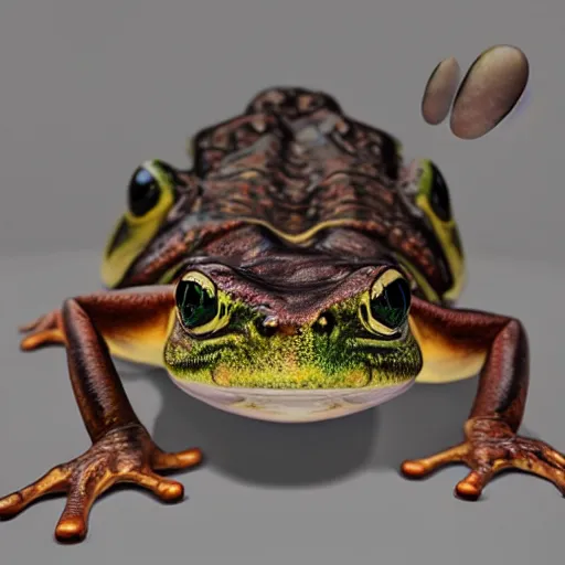 Image similar to hyperrealistic mixed media image of bullfrog with face info wars alex jones, stunning 3 d render inspired art by xiang duan and thomas eakes, perfect facial symmetry, hyper realistic texture, realistic, highly detailed attributes and atmosphere, dim volumetric cinematic lighting, 8 k octane detailed render, post - processing, masterpiece,