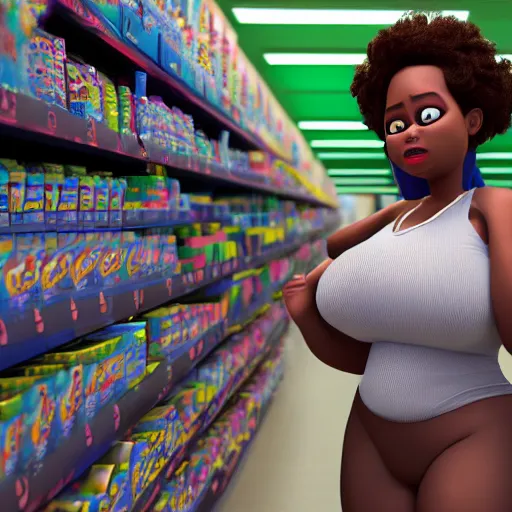 Image similar to high quality, highly detailed, still of black bbw woman in wal-mart follow shot, 3d, in the style of pixar, comic book style, 3d, highly detailed, 16k resolution, octane renderer, coherent, cinematic lighting