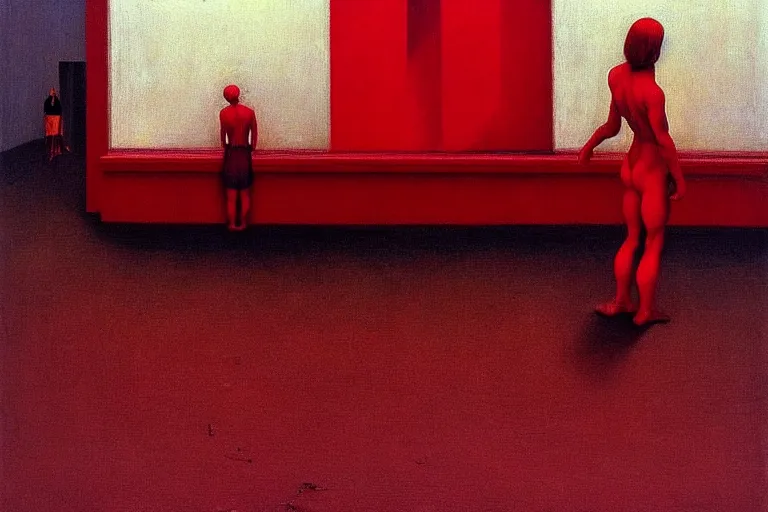 Image similar to only with red, crowd delirious at the sight of a painting, in a city square, in the style of beksinski, parts by edward hopper, parts by rodcenko, parts by yue minjun, intricate and epic composition, red by caravaggio, insanely quality, highly detailed, masterpiece, red light, artstation, 4 k