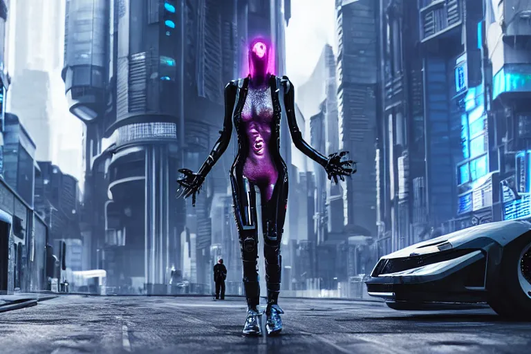 Image similar to cyberpunk alien concept inspired street, futuristic look, highly detailed body, very powerful, photorealistic camera shot, bright studio setting, studio lighting, crisp quality and light reflections, unreal engine 5 quality render