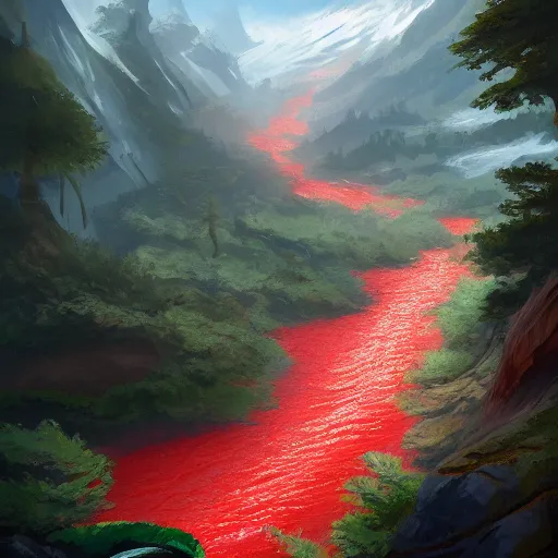 Prompt: a river of blood falls from the top of the fatal mountain, the elves sail along it in canoes, vivid color, highly detailed, mistic, digital painting, artstation, concept art, matte, sharp focus