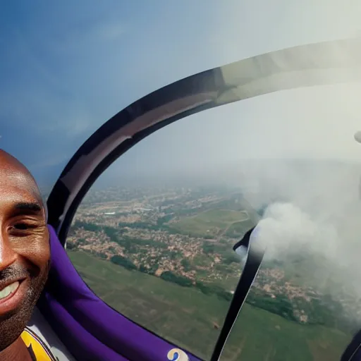 Image similar to selfie of kobe bryant in a helicopter, smoke around him, 8k resolution, amazing detail, shot in the air