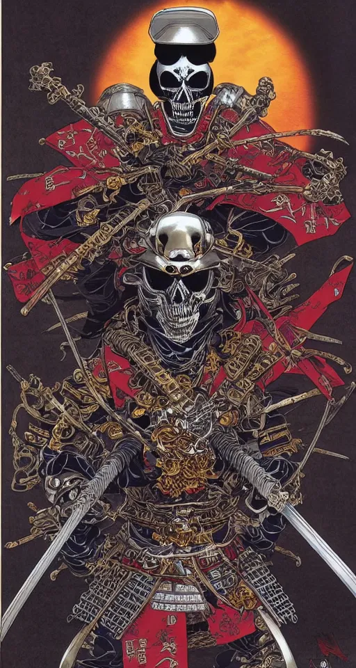 Image similar to portrait of a crazy skeletor samurai with japanese armor and helmet, by yoichi hatakenaka, masamune shirow, josan gonzales and dan mumford, ayami kojima, takato yamamoto, barclay shaw, karol bak, yukito kishiro