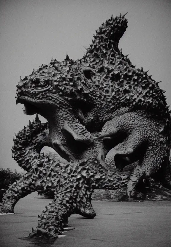 Image similar to North korean kaiju starfish/bull style monster, kaiju-eiga, thriller, monochrome, film grain, flare, backlit