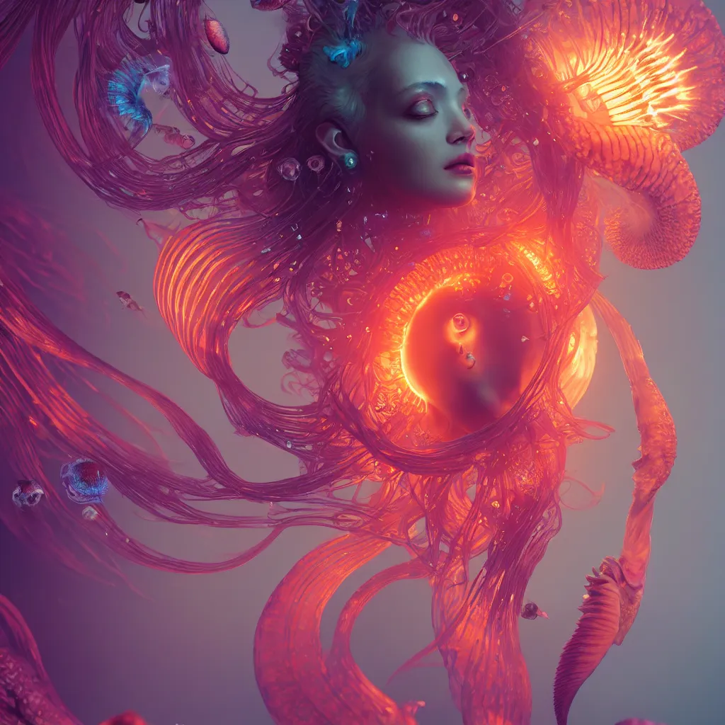 Image similar to goddess close-up portrait. orchid jellyfish phoenix head, nautilus, skull, betta fish, bioluminiscent creatures, intricate artwork by Tooth Wu and wlop and beeple. octane render, trending on artstation, greg rutkowski very coherent symmetrical artwork. cinematic, hyper realism, high detail, octane render, 8k