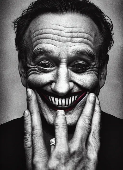 Image similar to photo of Robin Williams as the Joker by Lee Jeffries and Eolo Perfido, head shot, detailed, award winning, Sony a7R, trending on artstation