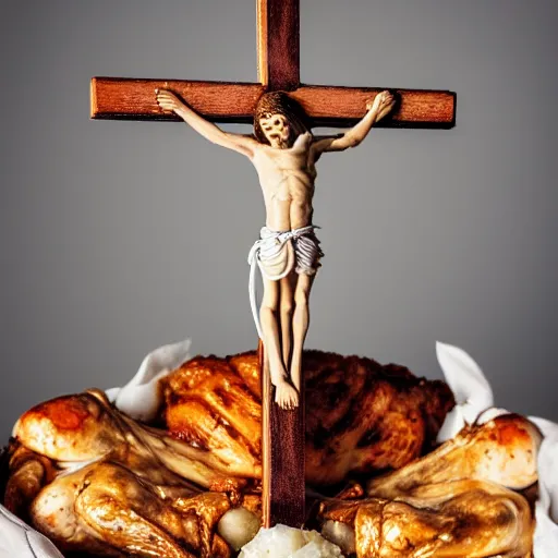 Prompt: rottisserie chicken crucified in a wooden cross, nails going through the drumsticks, daylight realistic 50mm photography