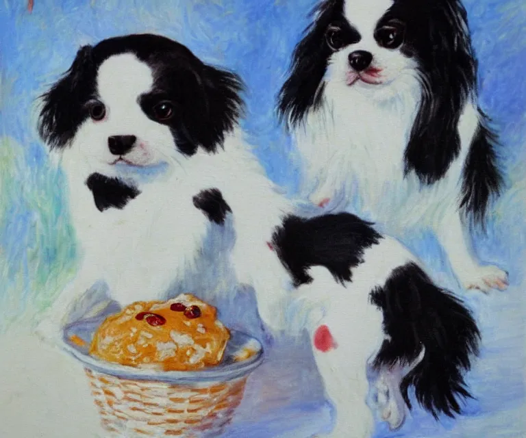 Image similar to white and black japanese chin dog eating cherry muffins, water painting, monet