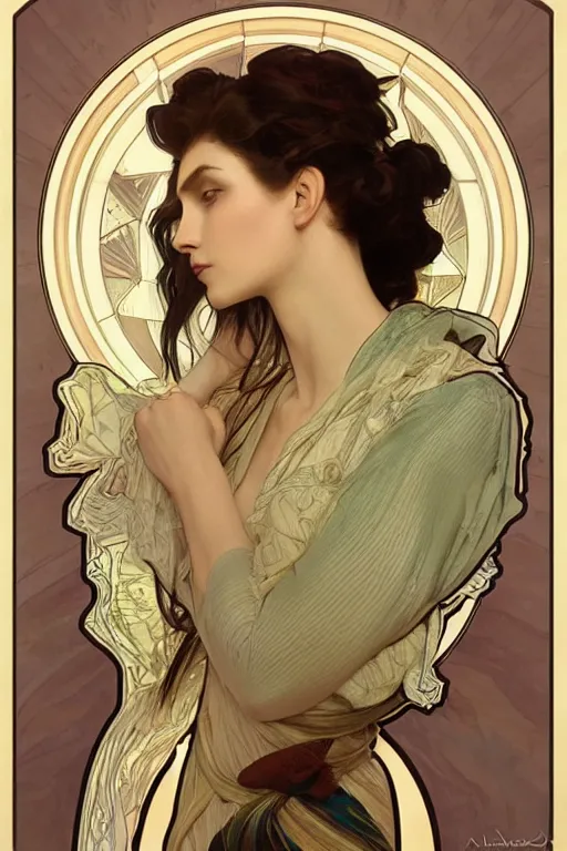 Prompt: an esoteric woman, blending into dust with a beautiful face!!! cinematic lightning, isolated, studio lighting by alphonse mucha and tom bagshaw