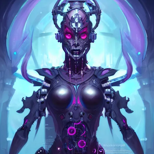 Prompt: a portrait of a beautiful demonic cybernetic queen of the undead, cyberpunk concept art by pete mohrbacher and wlop and artgerm and josan gonzales, digital art, highly detailed, intricate, sci-fi, sharp focus, Trending on Artstation HQ, deviantart, unreal engine 5, 4K UHD image