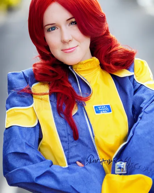 Image similar to Beautiful close highly detailed portrait of an April O'neil from TMNT cosplayer in her iconic signature main 1987 Yellow news reporter jumpsuit outfit. Award-winning photography. XF IQ4, 150MP, 50mm, f/1.4, ISO 200, 1/160s, natural light, rule of thirds, symmetrical balance, depth layering, polarizing filter, Sense of Depth, AI enhanced