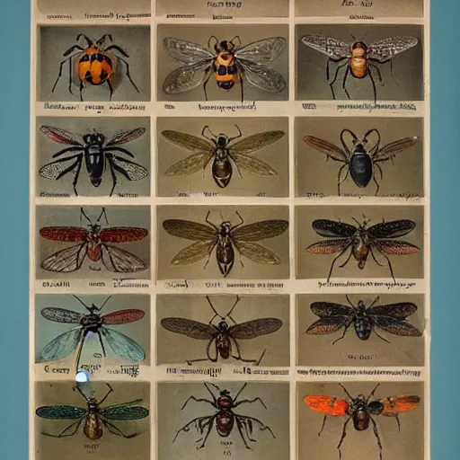 Prompt: vivid, grotesque collection of insects and birds