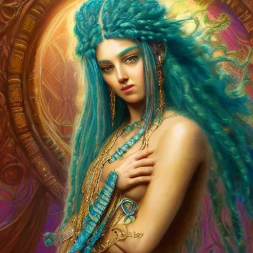 Prompt: artstation, intricate detail, hyper detail, portrait by gaston bussiere, tan skin lady of elche, egyptian sumerian features, techno mystic goddess princess intergalactica inanna with aqua neon rapunzel dreadlocks,