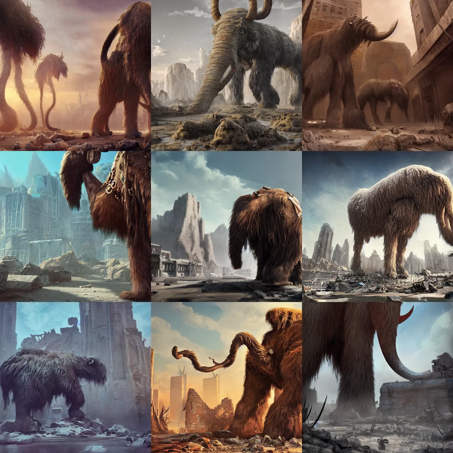 Prompt: fur mammoth in a ruined city, stylized, artstation, hd, cgsociety, cgi, realistic, dramatic, cinematic, artistic, trending, detailed