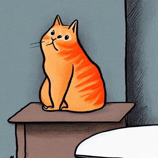 Prompt: fat orange cat on a table with lasagna new yorker cartoon