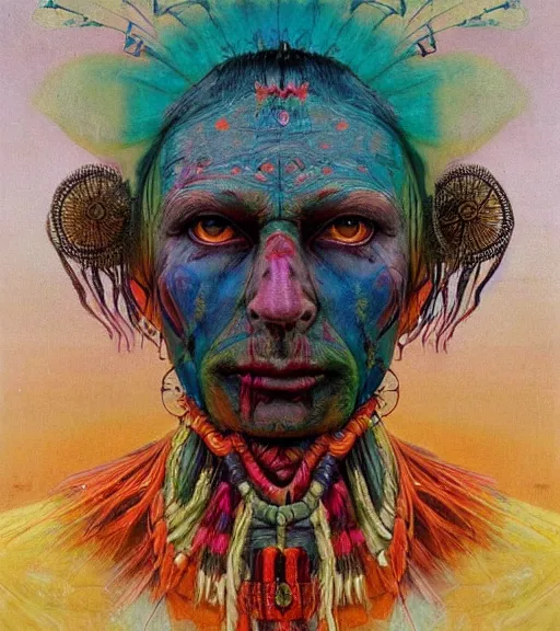 Image similar to Portrait painting in a style of Beksinski mixed with Alex Grey of an old shaman dressed in a colorful traditional clothes. Symmetry