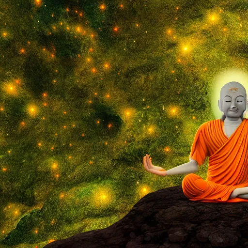 Image similar to a dreamy buddha meditating in a cave and overlooking a vast plain, mossy rocks, a sky full of stars background, 4 k, hyper realistic, in he style of national geographic, coherent design, symmetrical, vivid colour, complementary colour, golden ratio, detailed, sharp lines, intricate, rainbow shift, in unreal 3 d engine, ray tracing, octane render