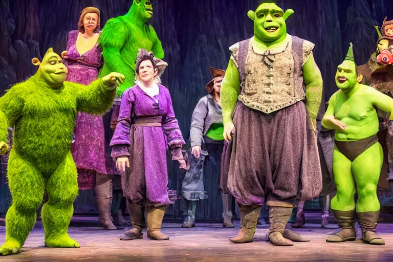 Prompt: photo of a huge theaterstage, play is shrek, 3 actors on stage, 8 k, multicolored, exaggerated detailed, long shot
