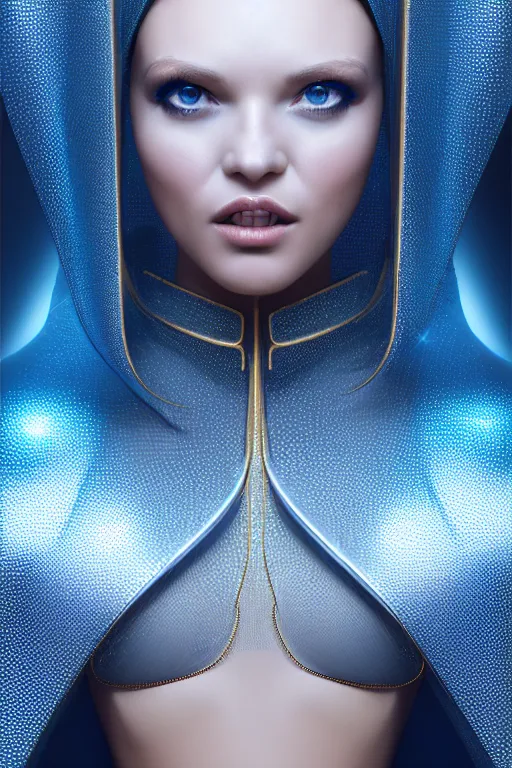 Image similar to detailed portrait glam cyber noun, attractive feminine curves, intricate, scifi, futuristic, elegant cape, elegant, alien room background, white, blue, gold, photorealism, trending on artstation, holy halo, advanced technology, art by moebius and vitaly bulgarov and chanthara