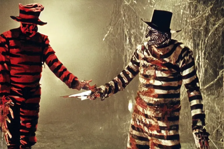 Prompt: Freddy Krueger facing off against Pinhead, epic, cinematic, 8k