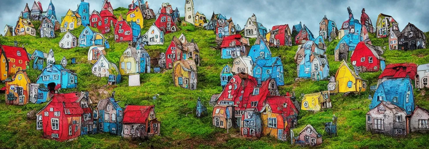 Image similar to quirky surreal naive houses painted by alexander jansson, bright colors