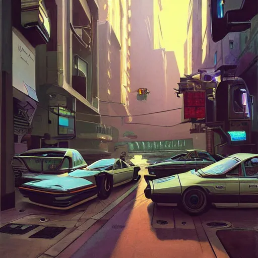 Prompt: detailed painting of a cyberpunk street with roman architecture and flying cars, artstation, syd mead, cinematic