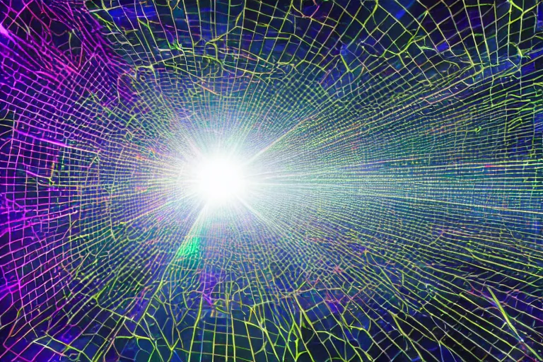 Image similar to cyber prism hit by three beams of light, cyber computerscape, in the style of tyler mitchell