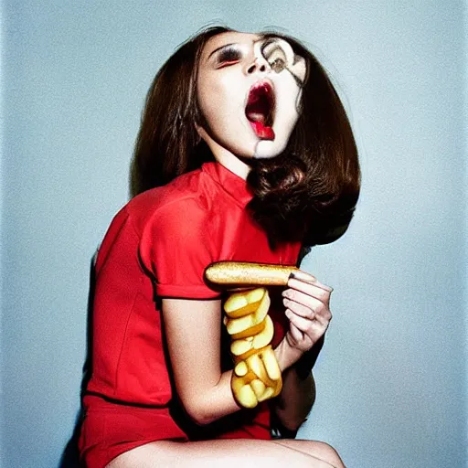 Image similar to a fashion model curls her hair using hot dogs. surreal photograph, toiletpaper magazine, 3 5 mm photograph, by pierpaolo ferrari, maurizio cattelan