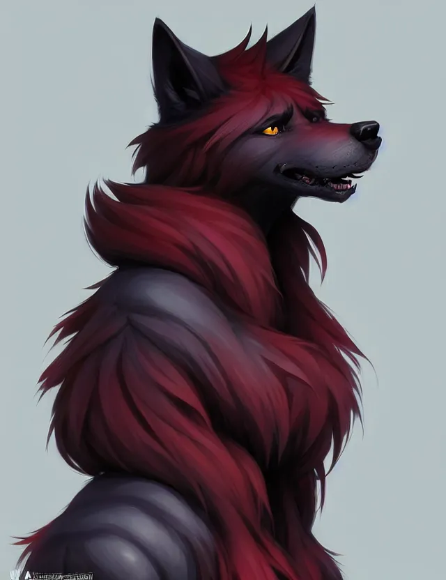 Image similar to character concept art of a black anthropomorphic male furry wolf long red hair | | cute - fine - face, pretty face, key visual, realistic shaded perfect face, fine details by stanley artgerm lau, wlop, rossdraws, james jean, andrei riabovitchev, marc simonetti, and sakimichan, trending on artstation