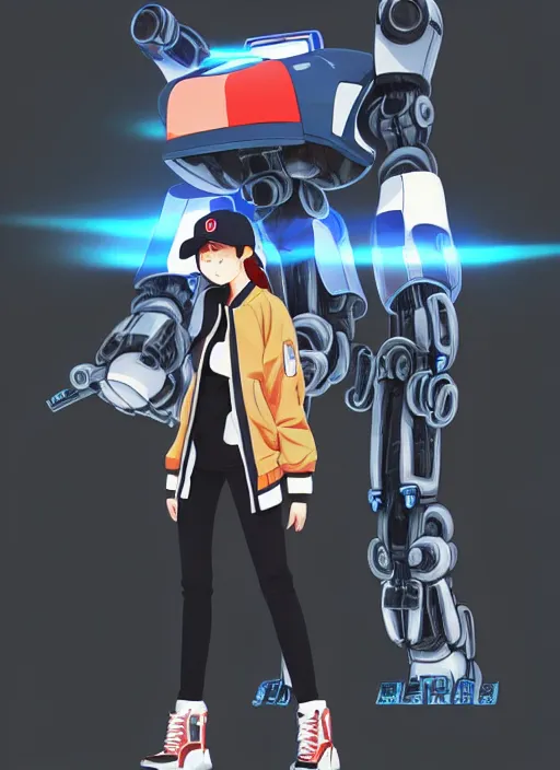 Prompt: a beautiful young woman wearing a baseball hat and bomber jacket, standing next to a giant japanese mecha robot!!!!!!!!!!!!, anime graphic illustration, aesthetic, gorgeous, stunning, soft lighting, sharp focus, trending on artstation, digital art.