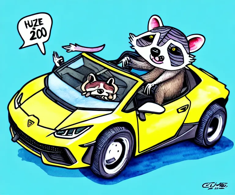 Image similar to cute and funny, racoon wearing a helmet riding in a tiny 2 0 2 0 lamborghini huracan sto, ratfink style by ed roth, centered award winning watercolor pen illustration, isometric illustration by chihiro iwasaki, edited by range murata