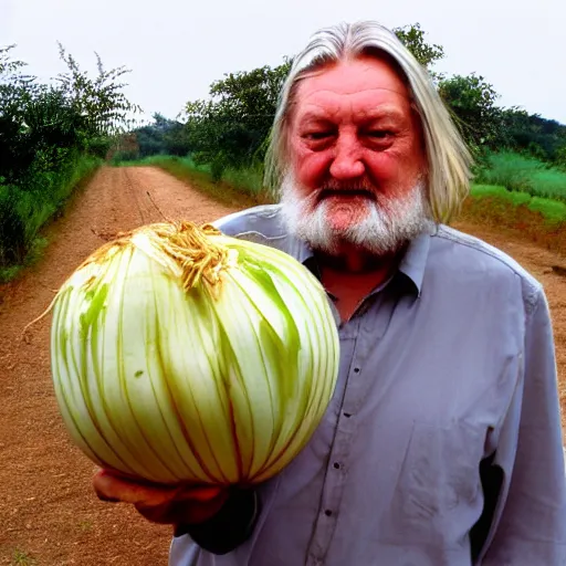 Image similar to robert wyatt holding a great big onion