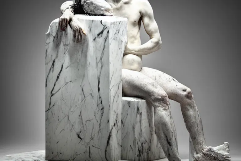 Image similar to a sculpture of a person sitting on a top of the chair, a white marble sculpture covered with floating water by nicola samori, behance, neo - expressionism, marble sculpture, apocalypse art, made of mist