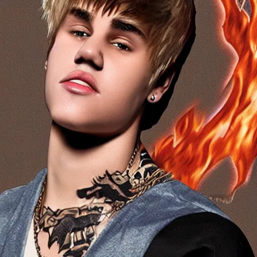 Prompt: justin bieber with demonic wings breathing fire, realistic