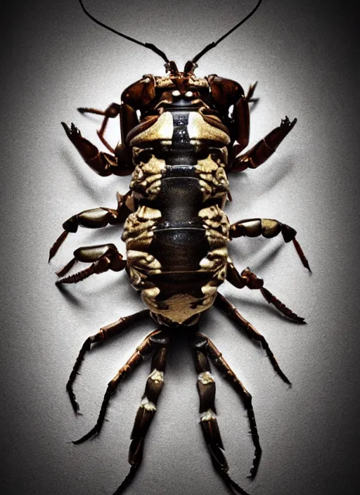 Image similar to hyper realistic photography of intricate bone skull insect lobster hybrid cinematic, symmetric detailed