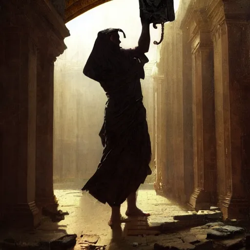 Image similar to half portait of magican wearing a closed cowl and big old book! chained to the wrist, jeremy mann, jean - leon gerome, tiepolo, alphonse mucha, greg rutkowski, face in the shadows, ( ( ruins of ancient rome ) ), at dusk, mysterious atmosphere, sunrays, dof, high detailed, 8 k