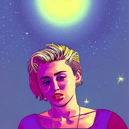 Prompt: “ beautyful miley cyrus retro minimalist portrait, moebius starwatcher comic, minimalistic background, by jean giraud, 8 k ”