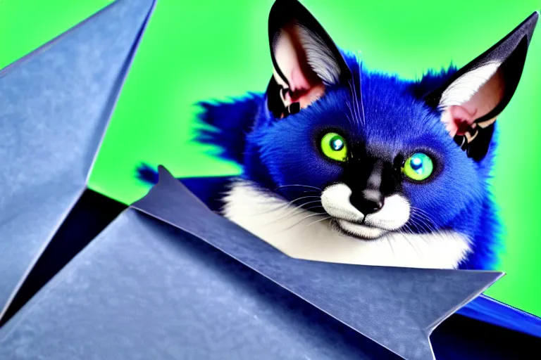 Image similar to a blue - and - black male blue / green heterochromatic catbat fursona with blue / green heterochromatic eyes ( differently - colored eyes, one green, one blue ) and huge bat ears, photo of the catbat streaming on his computer